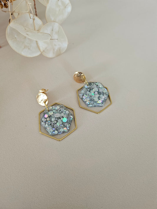 Boucles oreilles hexagone résine argent et laiton doré