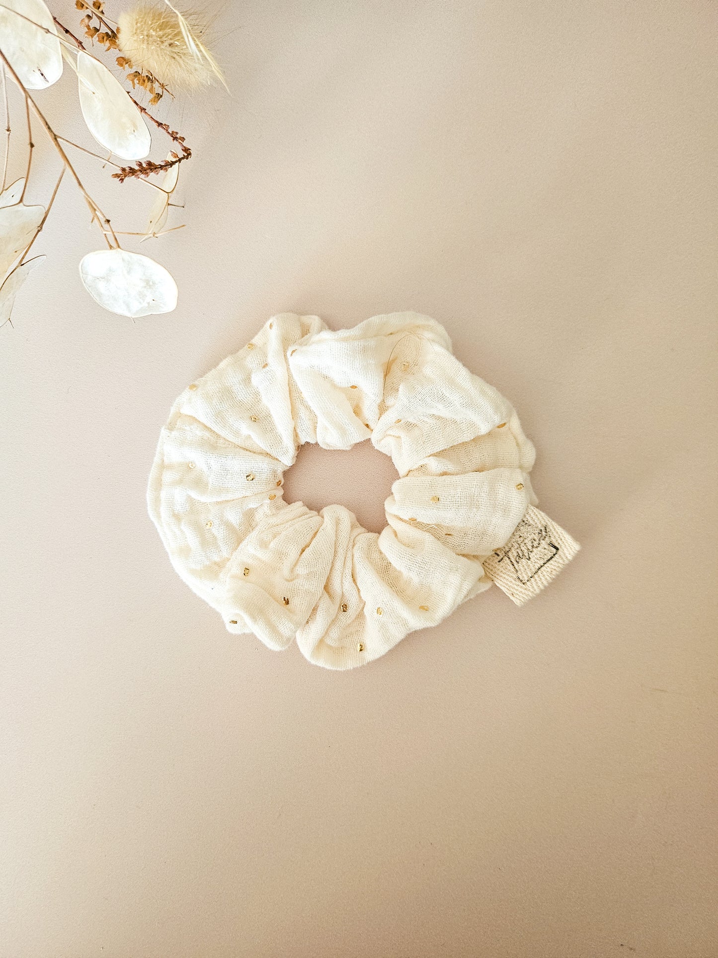 Chouchou en gaze de coton à pois dorés – Fait main