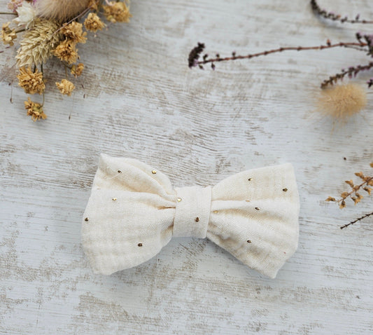 Barrette noeud papillon blanc et pois dorés