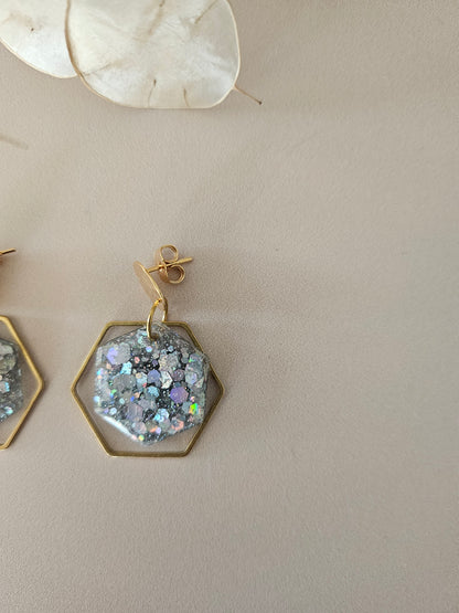 Boucles oreilles hexagone résine argent et laiton doré