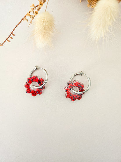 Boucles d’oreilles fleurs tournesol pailletées en résine – Créoles artisanales & pampilles interchangeables