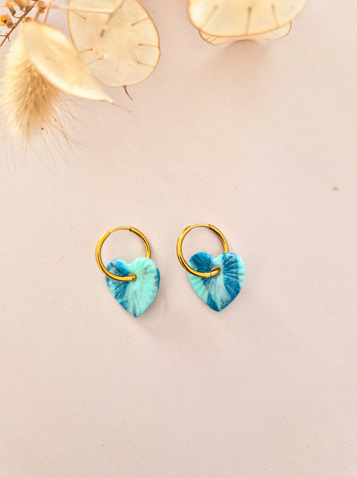 Boucles d’oreilles Cœur strié marbré en argile polymère