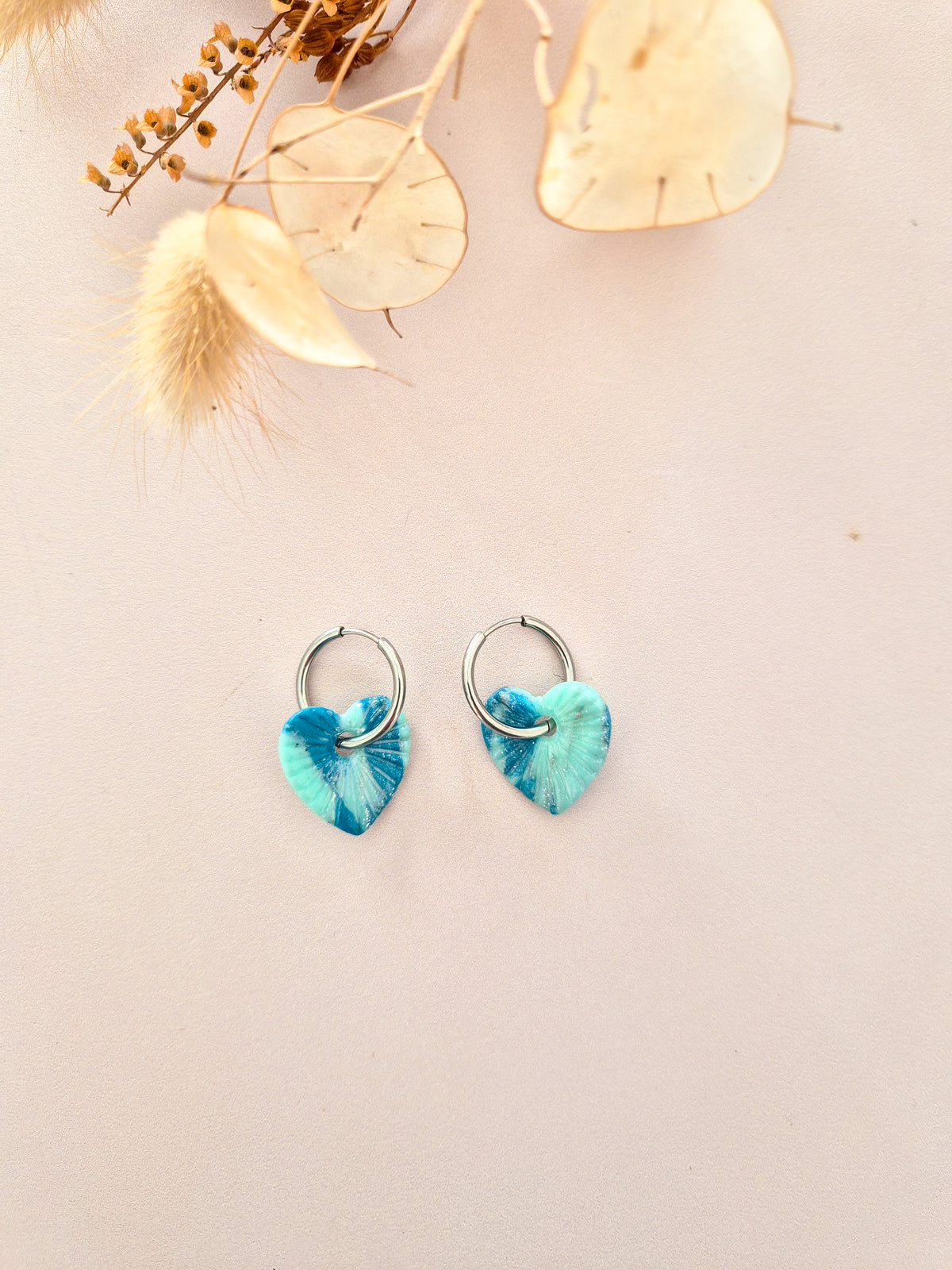 Boucles d’oreilles Cœur strié marbré en argile polymère