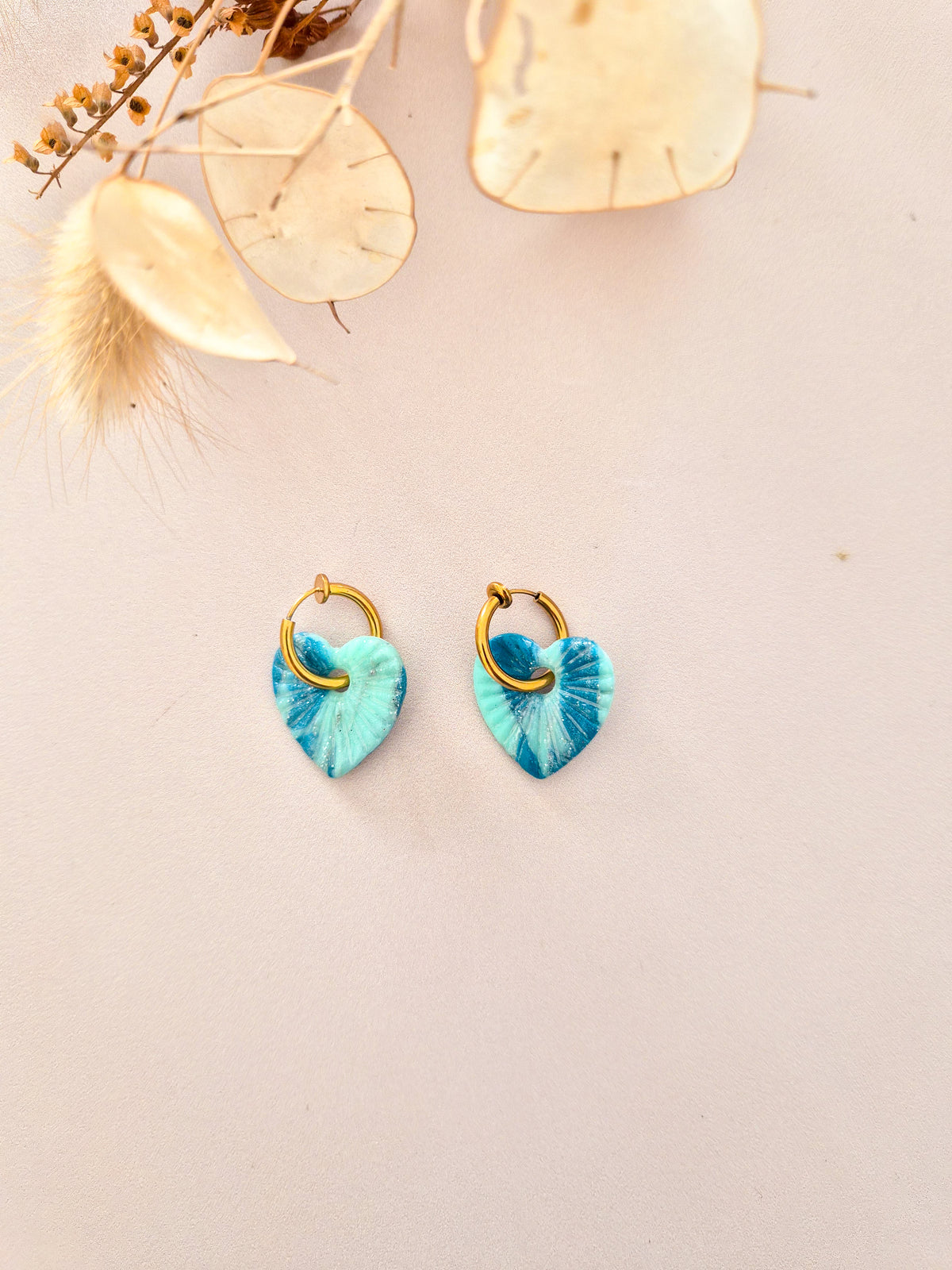 Boucles d’oreilles Cœur strié marbré en argile polymère