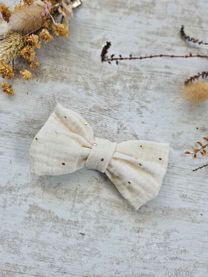 Barrette noeud papillon blanc et pois dorés