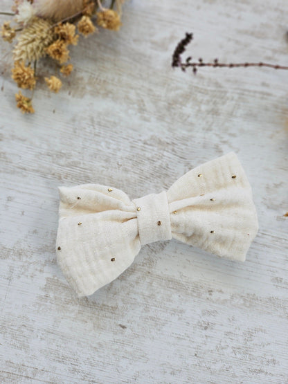 Barrette noeud papillon blanc et pois dorés
