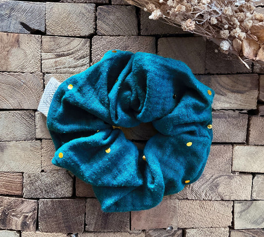 chouchou scrunchie gaze coton bleu pois doré