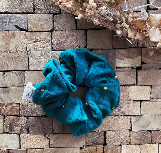chouchou scrunchie gaze coton bleu pois doré
