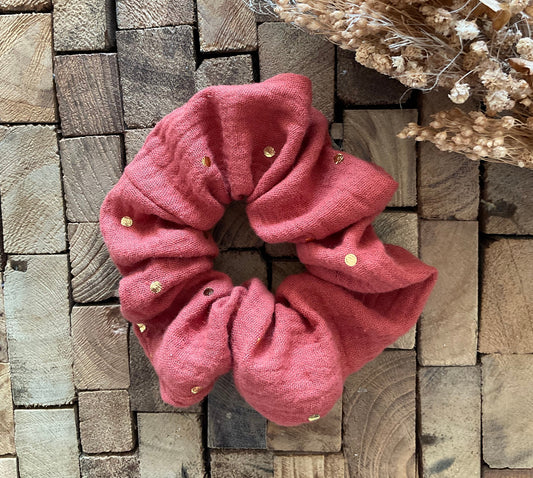 chouchou scrunchie gaze coton terracotta pois doré