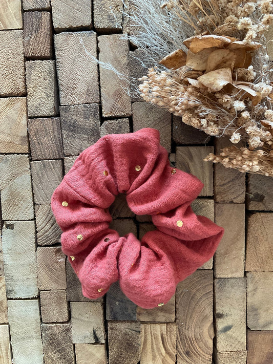 chouchou scrunchie gaze coton terracotta pois doré