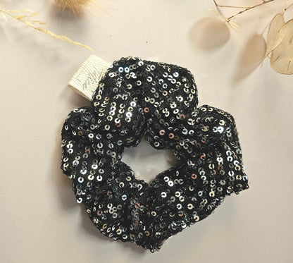 Chouchou scrunchie noir sequins argents